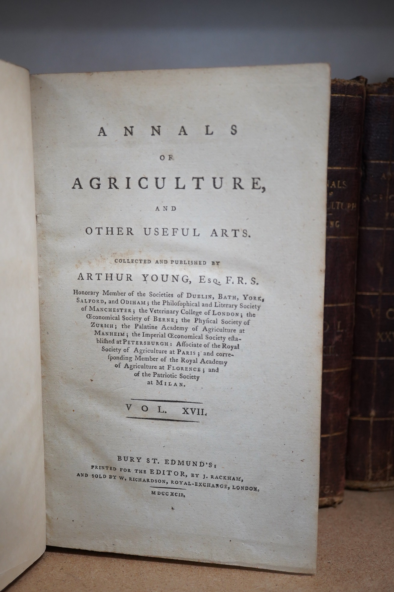 Young, Arthur (editor) - Annals of Agriculture, and Other Useful Arts, 12 various vols. engraved plates and tables (some folded); 19th century, half sheep and cloth. Bury St Edmunds: printed for the Editor, 1788-96